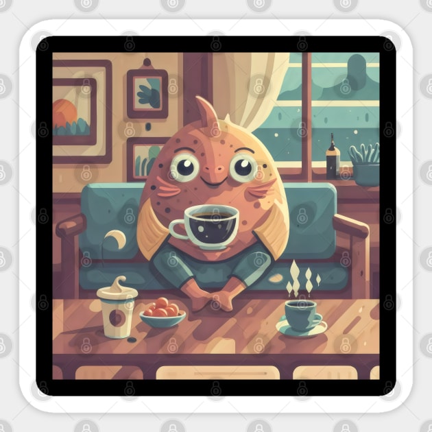 Cute Cozy fish having coffee Sticker by Spaceboyishere